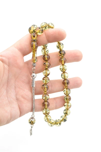 Murty99 Püsküllü Küre Kesim İri Boy Fosilli Yeşil Toz Kehribar Tesbih - Resim 5