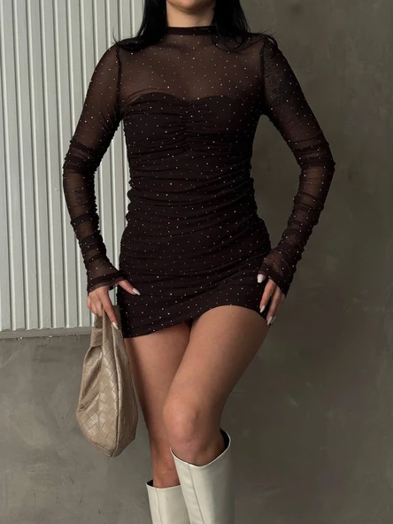 V Yaka Toka Detaylı Mini Elbise ürün görseli 1