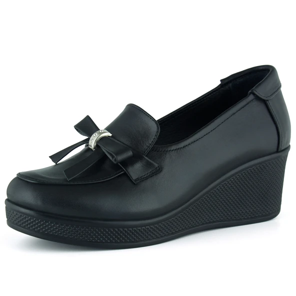 Erkan Saçmacı Emma Siyah Hakiki Dana Derisi Fiyonklu Yuvarlak Burun Dolgu Topuklu Günlük Ayakkabı ürün görseli 1