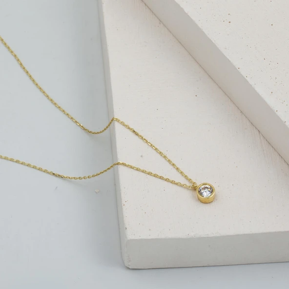 Tek Taşlı Sarı Altın Kolye - Resim 3