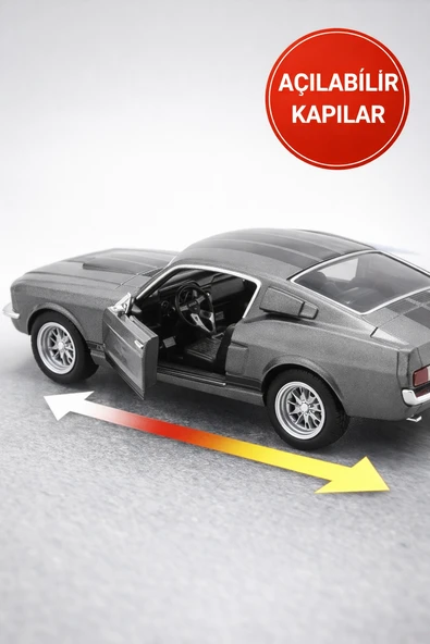 Çek Bırak 1967 Shelby GT500 Gri Metal Oyuncak Araba – Kapıları Açılan Klasik Model 13 cm - Resim 4