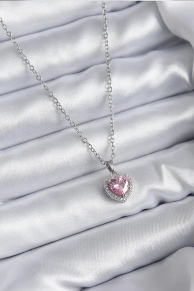 Çelik Mavi Kristal Kalp Kolye Silver Okyanusun Kalbi Pembe ürün görseli 1