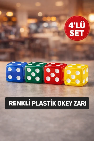 Renkli Plastik Okey Zarı 16 mm – 4’lü Set | Mavi Yeşil Kırmızı Sarı Zar ürün görseli 1