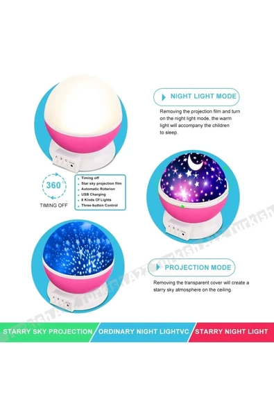 Mavi Dönen Renkli Ay Yıldızlı Gökyüzü Yansıtmalı Projeksiyon Gece Lambası Çocuk Bebek Parti Odası - Resim 4