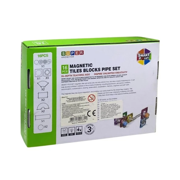 Manyetik Borulu Bloklar Seti 16 Parça  Eğitici Yapı ve İnşa Oyuncağı - Resim 2