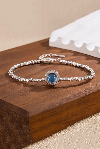 925 Ayar Gümüş Mavi Taşlı Kadın Bileklik - Zirkon Taş Çerçeveli Ayarlanabilir Şık Tasarım Takı ürün görseli 1