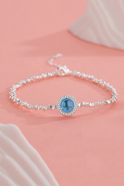 925 Ayar Gümüş Mavi Taşlı Kadın Bileklik - Zirkon Taş Çerçeveli Ayarlanabilir Şık Tasarım Takı - Resim 4