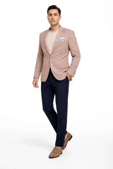 Erkek Slim Fit Tek Düğmeli Blazer Ceket – Vizon Renk, Şık ve Modern Kesim - Resim 6