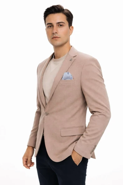 Erkek Slim Fit Tek Düğmeli Blazer Ceket – Vizon Renk, Şık ve Modern Kesim - Resim 5