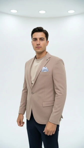Erkek Slim Fit Tek Düğmeli Blazer Ceket – Vizon Renk, Şık ve Modern Kesim - Resim 3