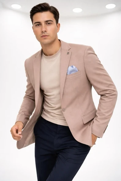 Erkek Slim Fit Tek Düğmeli Blazer Ceket – Vizon Renk, Şık ve Modern Kesim - Resim 7