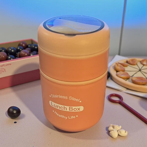 Tohana kulplu çelik sefer tası - yemek termosu saklama kabı 2 katlı pembe 710 ml. 304 çelik - Resim 3