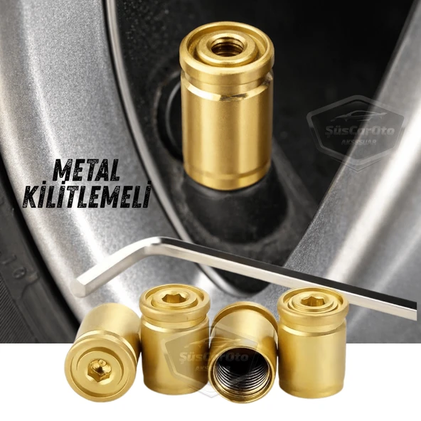 Kilitlemeli Sibop Kapağı Alyanlı Sibop Kapağı Araba Motosiklet Bisiklet Metal Sıkmalı Gold Altın 4 lü Set ürün görseli 1