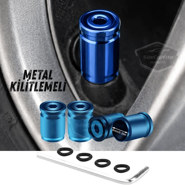 Kilitlemeli Sibop Kapağı Alyanlı Sibop Kapağı Araba Motosiklet Bisiklet Metal Sıkmalı Mavi 4 lü Set ürün görseli 1