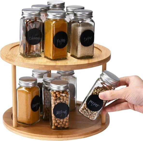 Bambu Baharat Standı, 360° Dönebilen, 2 KatlıDüzenleyici , Sunumluk, Organizer, Stant - Resim 4