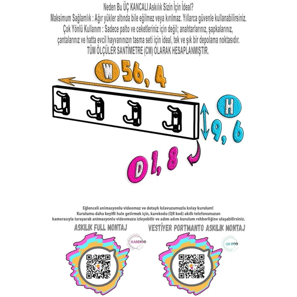 Modilayn ARI Serisi 1(56,4x9,6 cm)2 Kancalı Banyo Askısı - 4'lü Set | Ekstra Düzen ve Yer Tasarrufu - Resim 4