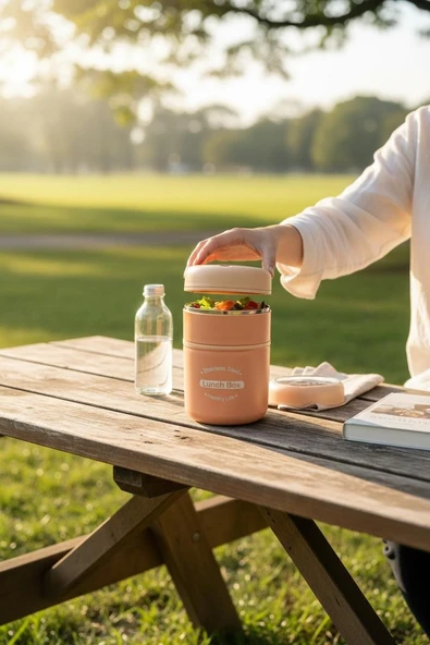 Tohana kulplu çelik sefer tası - yemek termosu saklama kabı 2 katlı pembe 710 ml. 304 çelik ürün görseli 1