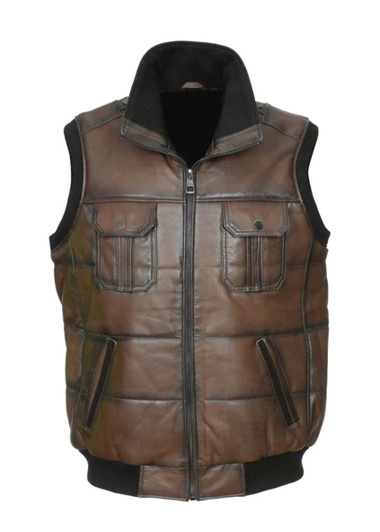 Yakalı Ve Beli Lastikli Deri Yelek - 7