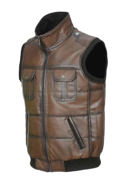 Yakalı Ve Beli Lastikli Deri Yelek - 5