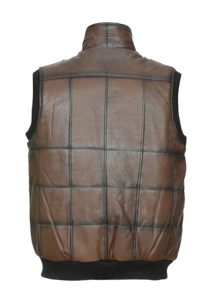 Yakalı Ve Beli Lastikli Deri Yelek - 6