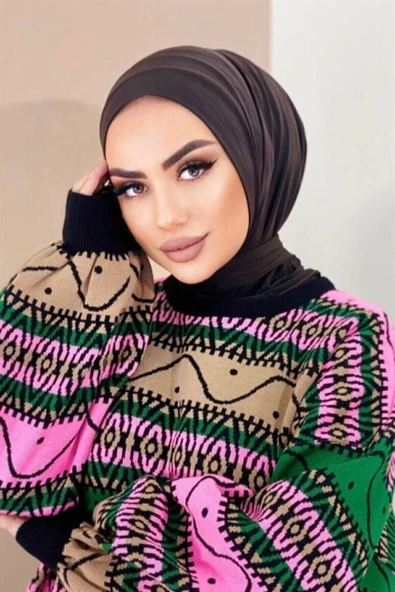 Organic Scarfs Kadın Tesettür Acı Kahve Çıtçıtlı Boyunluk Hijap Bone Model Eşarp Şal ürün görseli 1