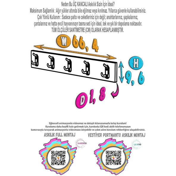 Modilayn ARI Serisi 66,4x9,6 cm 5' li Set 15 Kancalı Banyo Askısı | Ekstra Düzen ve Yer Tasarrufu - Resim 4