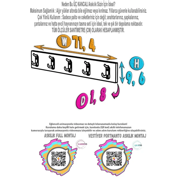 Modilayn ARI 9 Kancalı Banyo Askısı 3' lü Set 36,4x9,6cm Şık Tasarım Ekstra Düzen ve Yer Tasarrufu - Resim 4