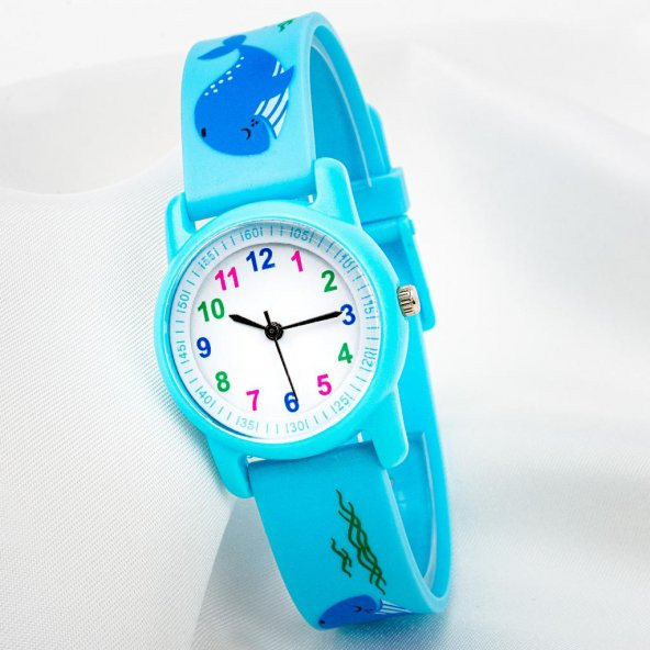 Mavi Renk Silikon Kordonlu Yunus Balığı Figürlü Çocuk Saat ST-304025