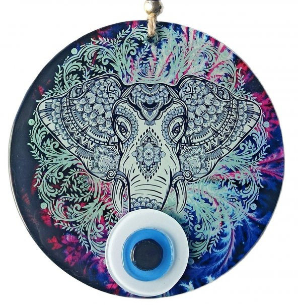 Fil Figürlü Nazar Boncuklu Füzyon Cam Duvar Süsü ürün görseli