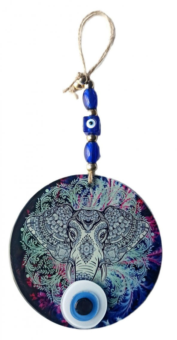 Fil Figürlü Nazar Boncuklu Füzyon Cam Duvar Süsü - Resim 2