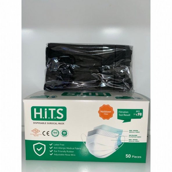 HİTS MASKE Yeni Nesil Maske 50 Adet 10 Lu Özel Ambalajlı Siyah Renk İpli - 2