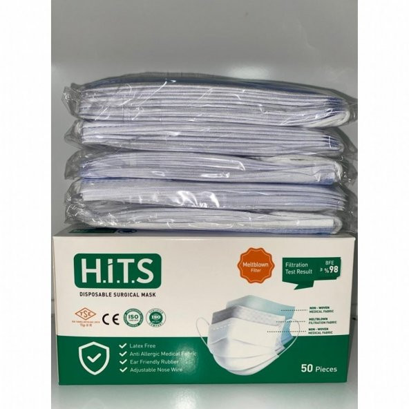 HİTS MASKE Yeni Nesil Maske 50 Adet 10 Lu Özel Ambalajlı Mavi Renk İpli