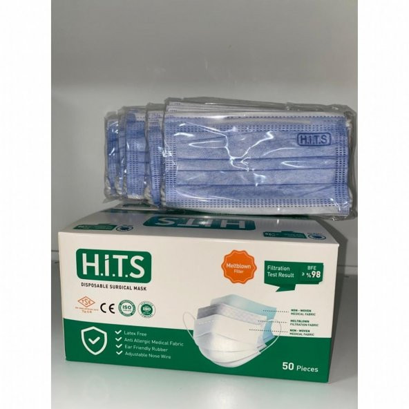 HİTS MASKE Yeni Nesil Maske 50 Adet 10 Lu Özel Ambalajlı Mavi Renk İpli - 3