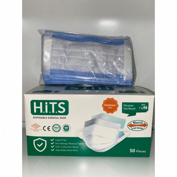 HİTS MASKE Yeni Nesil Maske 50 Adet 10 Lu Özel Ambalajlı Mavi Renk Şeritli - 2