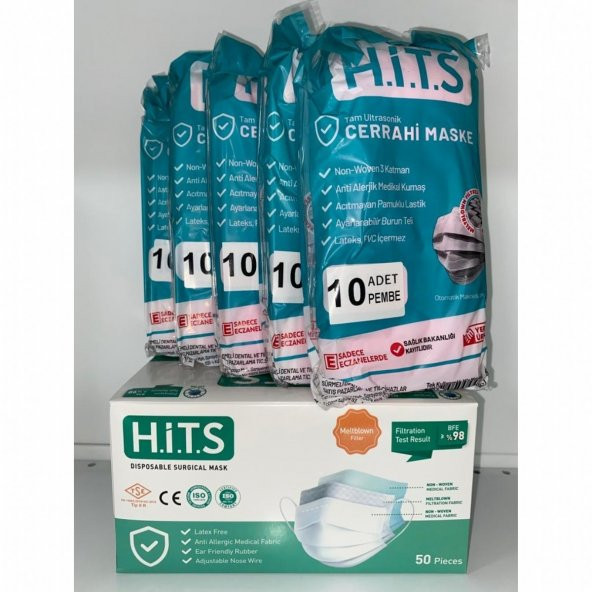 HİTS MASKE Yeni Nesil Maske 50 Adet 10 Lu Özel Ambalajlı Pembe Renk İpli - 2