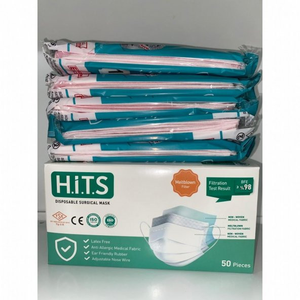 HİTS MASKE Yeni Nesil Maske 50 Adet 10 Lu Özel Ambalajlı Pembe Renk İpli - 3