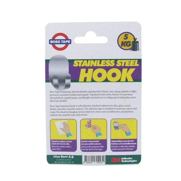 Boss Tape Kendinden Yapıştırmalı Paslanmaz İnox Tekli Büyük Askı 5Kg Taşır - 4