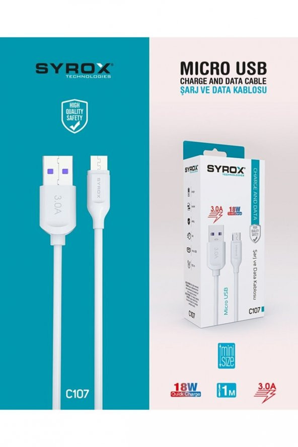 C107 Micro Usb Girişli 18w 3.0a Hızlı Şarj Ve Data Kablosu