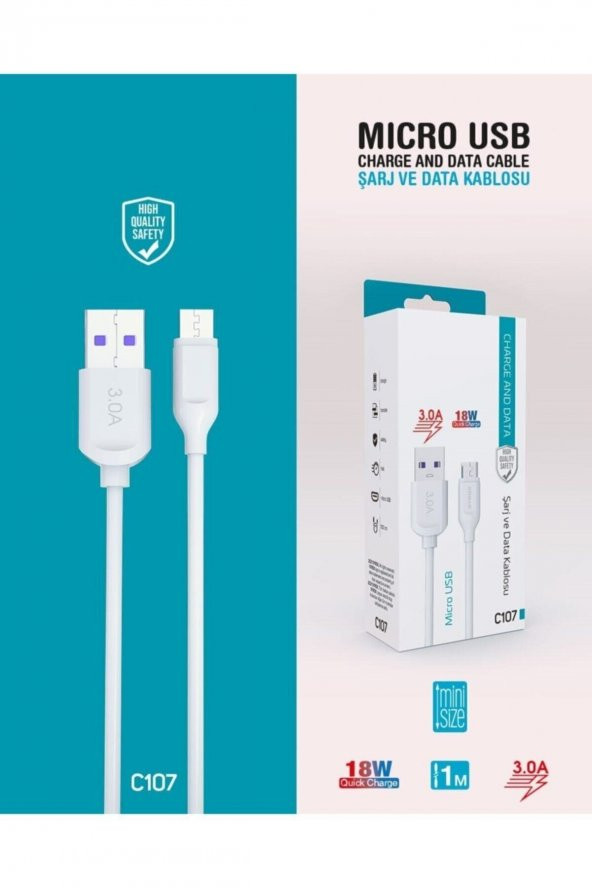 C107 Micro Usb Girişli 18w 3.0a Hızlı Şarj Ve Data Kablosu