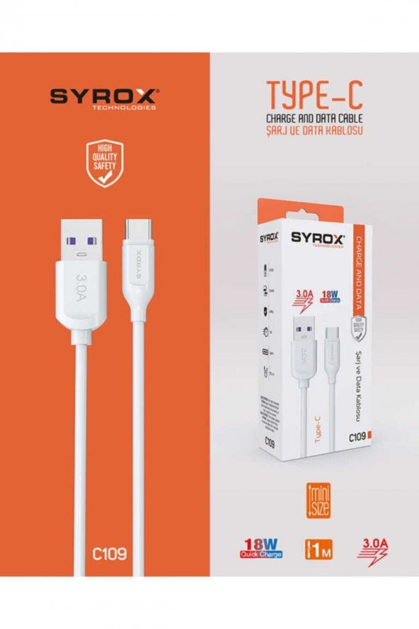 C109 Type-c Girişli 18w Hızlı Şarj Ve Data Kablosu