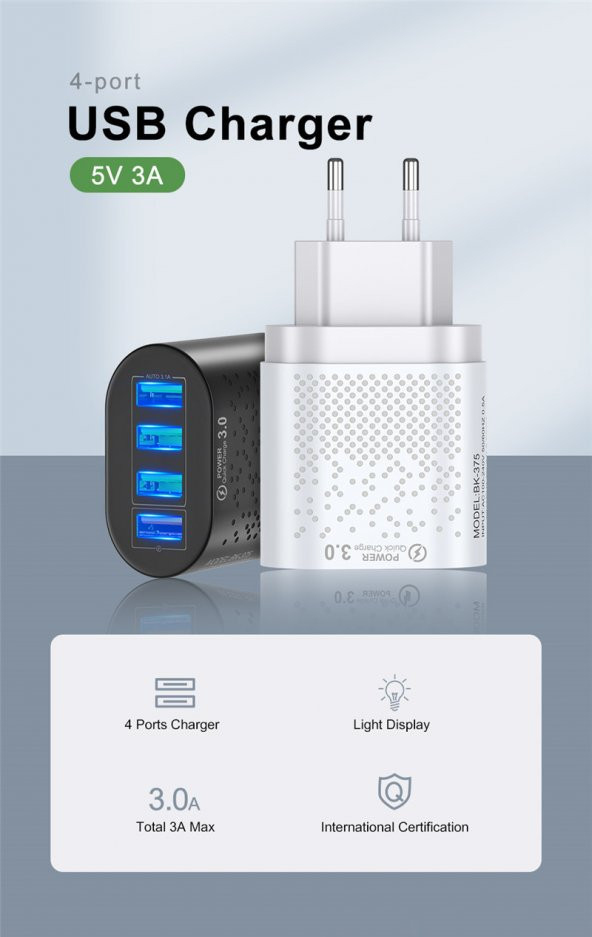 Zuidid 48 W 3 Amper 4 USB Portlu Hızlı Şarj Cihaz - Çoklu Şarj - Beyaz - 3