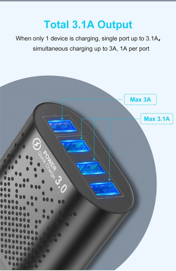 Zuidid 48 W 3 Amper 4 USB Portlu Hızlı Şarj Cihaz - Çoklu Şarj - Siyah - 5