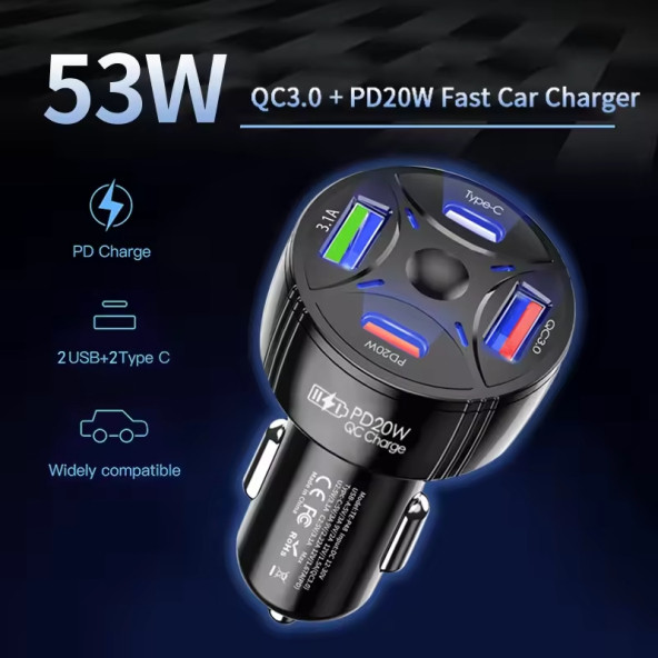 Zuidid P48 4 in 1 PD20W + QC3.0 Araç İçi Çakmaklık Hızlı Şarj Başlığı - 2