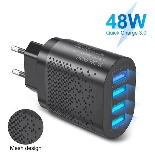 Zuidid Hızlı Şarj Qc 3.0 4 USB Portlu 3.1A - 48W Çoklu Şarj Cihazı + Type C Kablo - 3