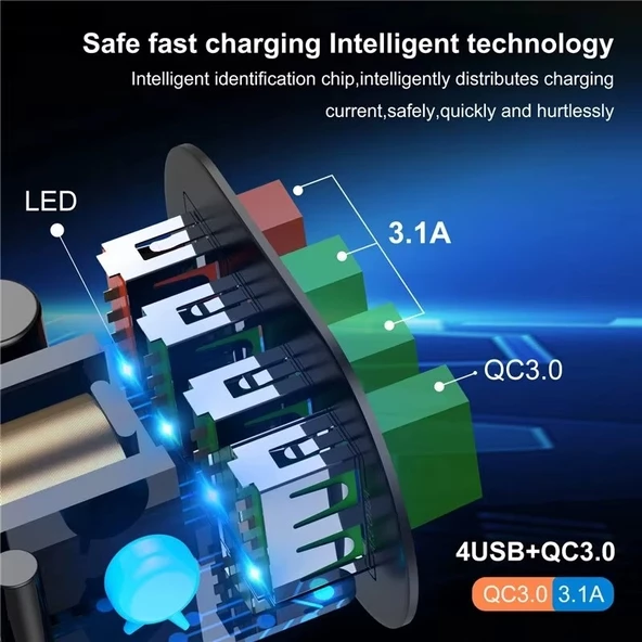 Zuidid Hızlı Şarj Qc 3.0 4 USB Portlu 3.1A - 48W Çoklu Şarj Cihazı + Type C Kablo - 7