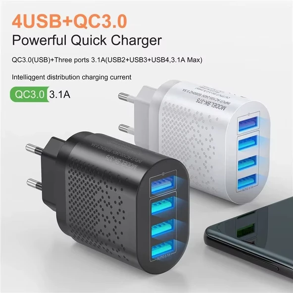 Zuidid Hızlı Şarj Qc 3.0 4 USB Portlu 3.1A - 48W Çoklu Şarj Cihazı + Type C Kablo - 5