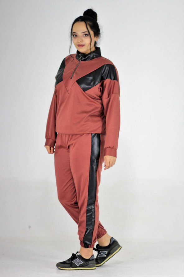 Truva Xxl Büyük Beden Kadın Giyim Deri Detaylı Eşofman Çok Renkli EF156