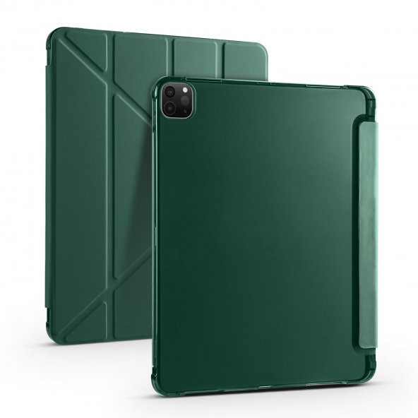 KNY Apple İpad Pro 12.9 2021 İçin Kalem Koymalı Arkası Silikon Standlı Trifolding Kılıf Siyah - 5