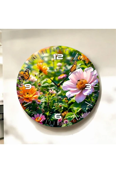 AA Shop Renkli Baskı Şakayık Çiçek Desenli Sayılı Yılbaşı Hediyelik Ahşap Sessiz Tablo Duvar Saati