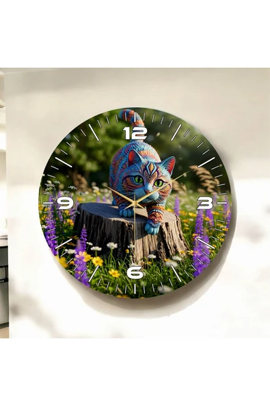 AA Shop Yavru Renkli Kedi Baskı Desenli Sayılı Yılbaşı Hediyelik Ahşap Sessiz Tablo Duvar Saati